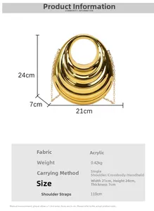 Detailed spec sheet showing acrylic wavy evening bag with dimensions and 110cm chain strap