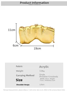 Detail view of gold wave texture clutch with 19x11x6cm size and chain strap info
