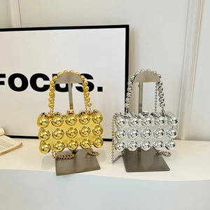 Women Evening Box Clutch Acrylic Metal Sphere Bead Decor Party Wedding Handbag With Removable Chain Strap
