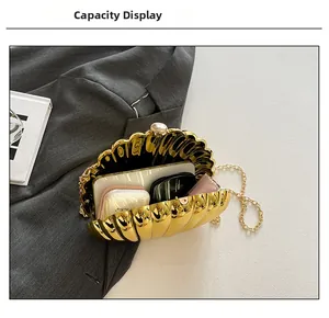 Interior capacity show of golden shell clutch bag with chain strap and essentials