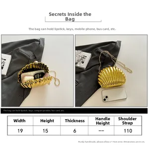 Size chart for shell shaped evening bag showing 19x15x6cm dimensions and gold chain