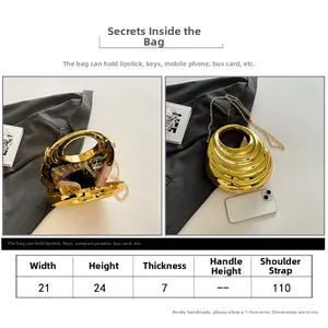 Size chart for golden spiral metal evening bag with internal capacity details and dimensions