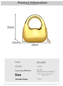 Detailed spec sheet for gold acrylic dumpling bag with 110cm metal chain and dimensions