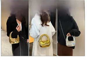 Three-frame view of acrylic evening bag with metallic mirror finish in gold and silver colors
