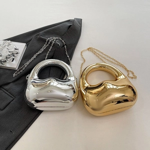 Chic dumpling-shaped acrylic evening bags in gold and silver finish with chain strap