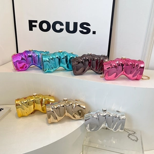 Irregular Sculptural Evening Clutch Bag Metallic Acrylic Mirror Surface Wave Pattern Handbag With Chain Strap For Women