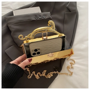 Goldene Acryl-Abendtasche mit Leoparden-Griff und Metallkette auf einem grauen Blazer