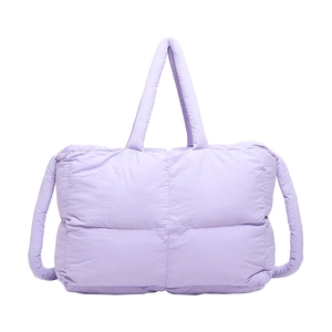 Minimalist light purple quilted nylon tote bag with puffer padded texture and handles