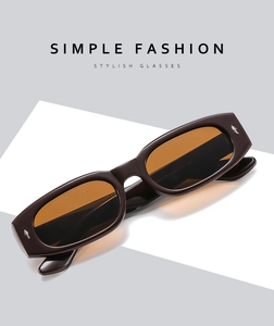Detail einer dunkelbraunen Acetat-Sonnenbrille mit orangefarbenen Gläsern und Silberpfeil