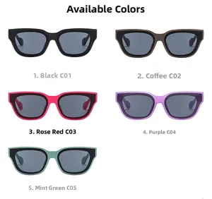 Flat lay of retro cat eye sunglasses in black, brown, rose, purple and mint colors