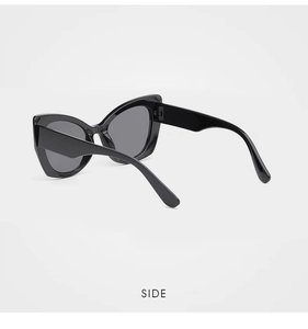 Side view showing the sleek temples and high-gloss black frame of cat eye sunglasses