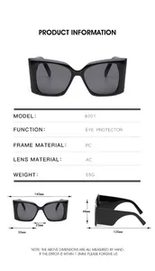 Detailed size chart for 8001 square sunglasses showing frame dimensions and specifications