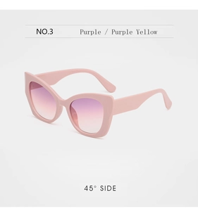 Detailed 45-degree side view of pink cat eye sunglasses with purple gradient lenses