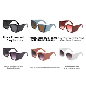 Detail view of large square frame sunglasses in six diverse colors with wide temples