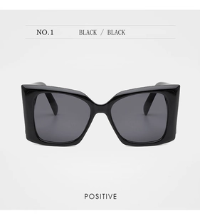 Front view of stylish thick-frame square sunglasses in glossy black finish with UV protection