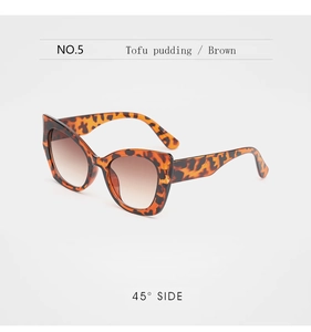 Detail of cat eye sunglasses with brown tortoise frame and gradient lenses at 45-degree angle