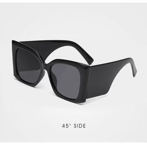 Close-up of thick square frame sunglasses with 45-degree view of wide temples and lenses