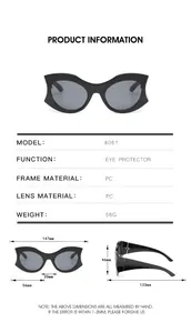 Detailed size chart for oversized cat eye sunglasses with measurements and technical specs