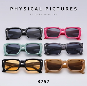 Detail view of square frame sunglasses set in six colors with silver metal accents