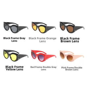 Detailed display of chunky frame sunglasses in six varied frame and lens color options