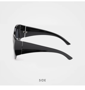 Side view of oversized black sunglasses featuring wide temples and glossy finish