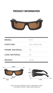 Detailed size chart and technical specifications for wide-frame PC sunglasses 8125