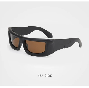 Detailed 45-degree side view of chunky black frame sunglasses with dark brown lenses