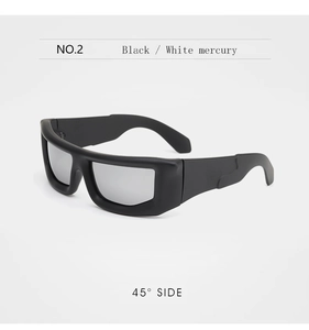 Macro side view of chunky black frame sunglasses with silver mirrored lenses at 45 degrees