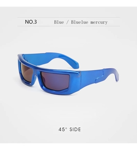 Side view of electric blue oversized wrap-around sunglasses with metallic finish