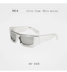 Detail view of silver Y2K futuristic sunglasses with white mercury reflective lenses