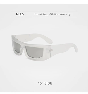 Macro side view of fashion sports sunglasses with frosted white frame and silver mercury lens