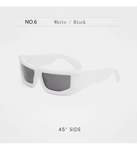 Side view of white thick rectangular frame sunglasses with dark lenses and NO.6 logo