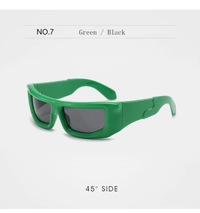 Detail view of bold green thick-framed sunglasses with dark lenses at a 45-degree angle