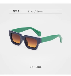 Vue latérale de lunettes de soleil carrées avec monture bleu foncé et branches vertes