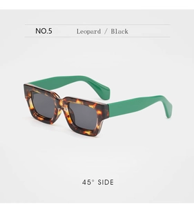 Détails de lunettes de soleil léopard avec branches vertes brillantes sous un angle de 45 degrés