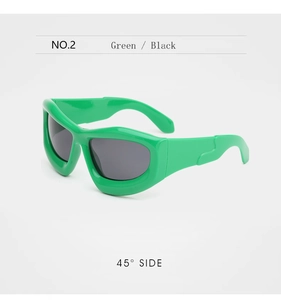Side view of trendy thick green frame sunglasses with dark grey lenses and wide temples