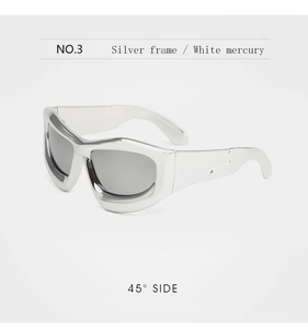 45° side view of silver frame sunglasses with white mercury lenses in futuristic style