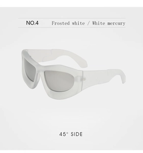 Detailed 45-degree side view of frosted white thick frame sunglasses with mercury lenses