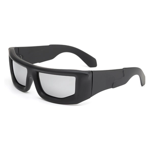 Matte black thick frame sunglasses with silver mirrored lenses in a futuristic design