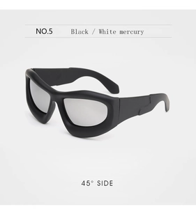 Detailed 45-degree side view of matte black chunky frame sunglasses with silver mirrored lenses