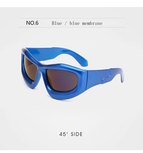 Detail view of bold blue wraparound sunglasses with dark lenses from a 45-degree angle