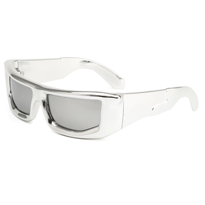 Futuristic silver wraparound sports sunglasses with metallic frames and mirrored lenses