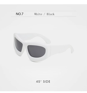 Side view of futuristic thick-frame white sunglasses with grey lenses in sleek silhouette