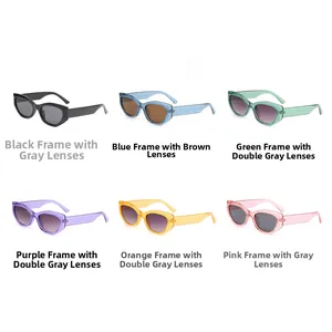 Collection of cat-eye sunglasses in black, blue, green, purple, orange, and pink frames