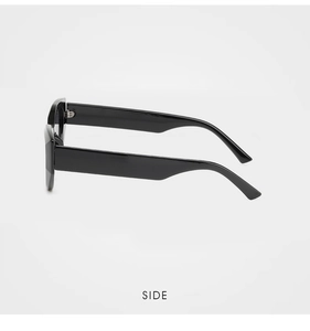 Side view of black square frame sunglasses with wide temples and polished resin finish
