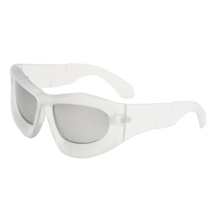 White matte thick frame sunglasses with silver mirrored lenses in Y2K futuristic style
