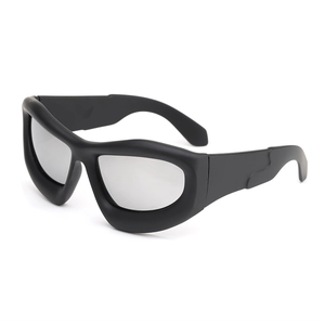 Chunky oversized wrap sunglasses with matte black frames and silver mirrored lenses