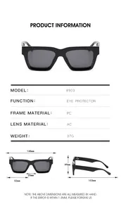 Detailed size guide and technical specifications for square hip-hop sunglasses