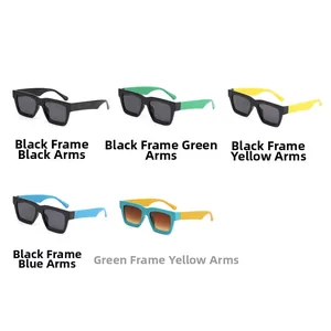 Detail showing square oversized sunglasses in multiple color options with UV protection