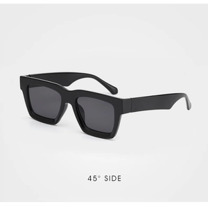 45-degree side view of thick black square frame sunglasses with dark grey lenses